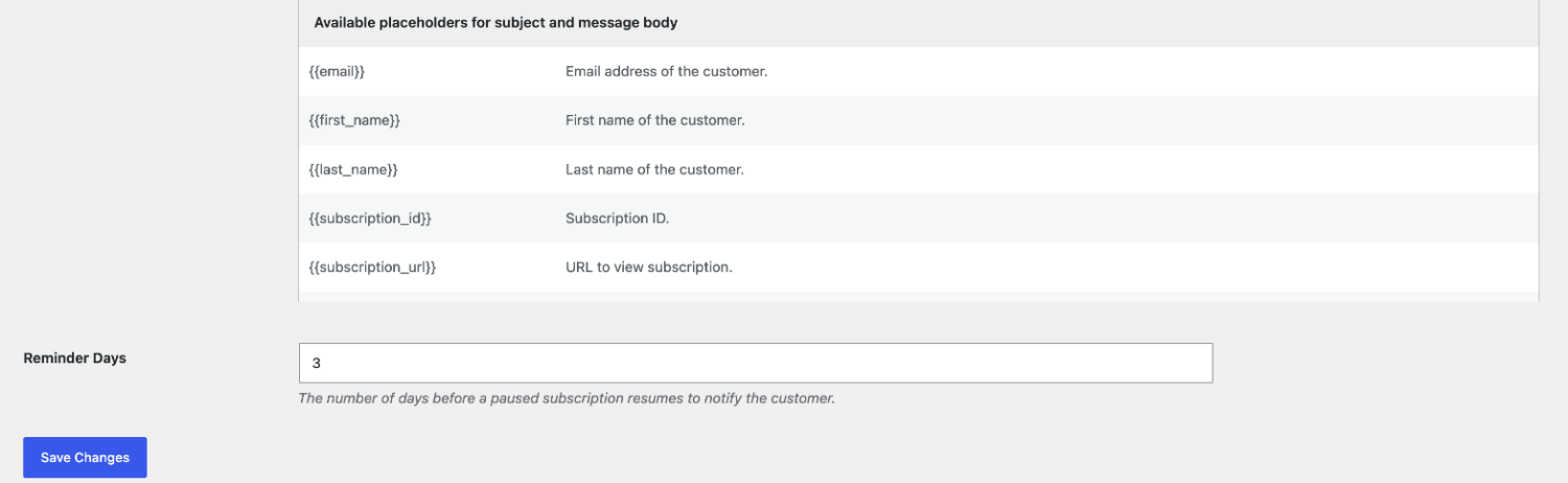 Reminder Days setting for the paused subscription resuming reminder
