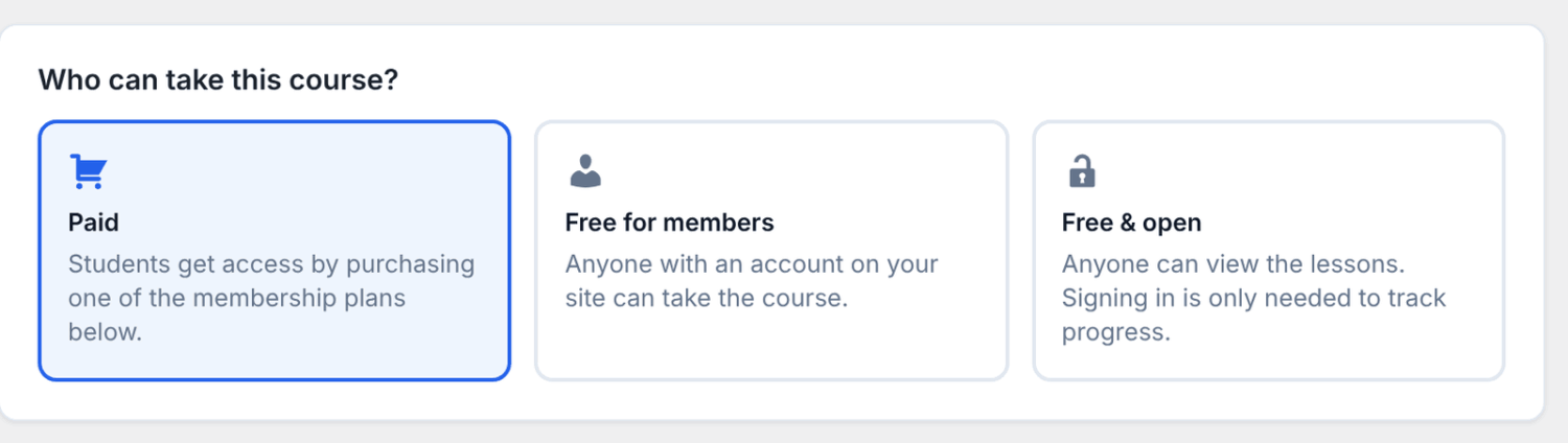 The Pricing & Access tab with the three access types under “Who can take this course?”