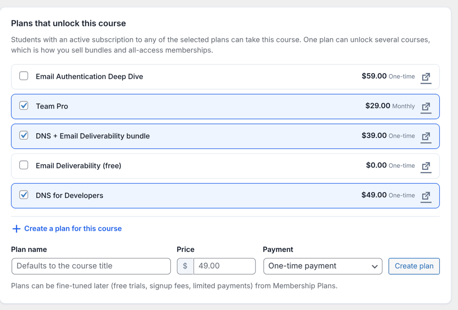 The “Create a plan for this course” form with Plan name, Price and Payment fields