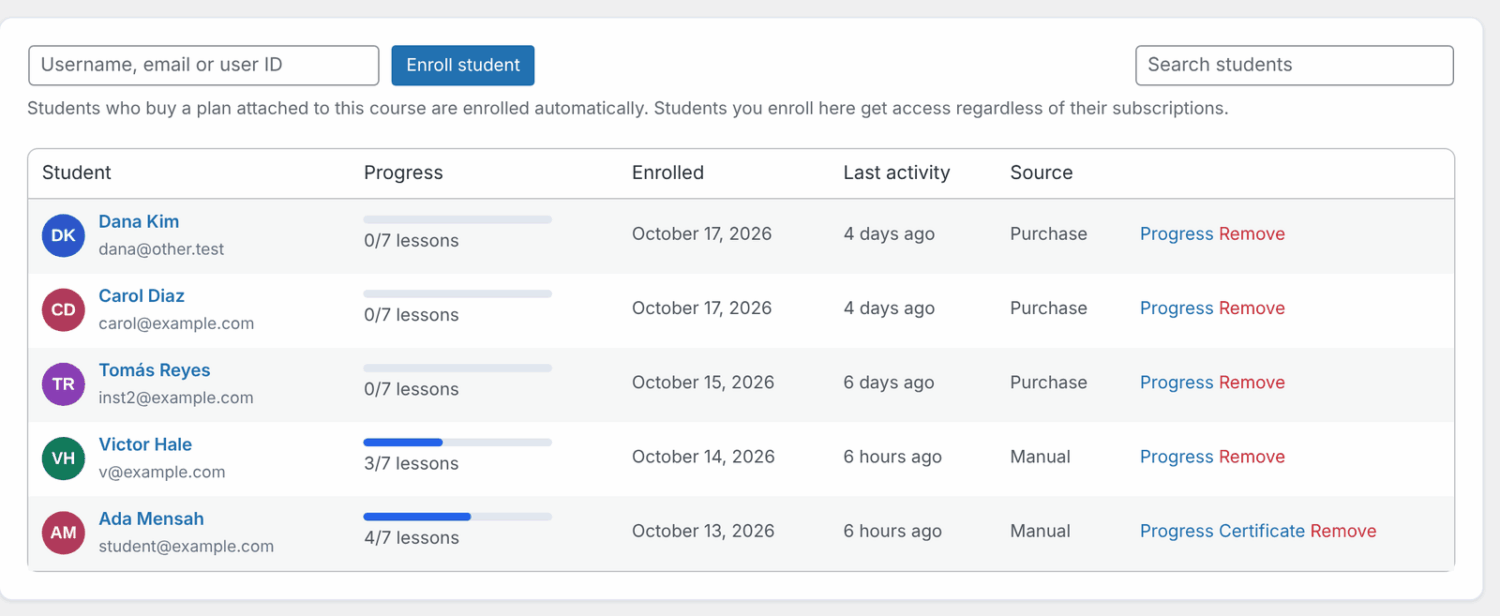 The Students tab with the “Enroll student” field and the Source column