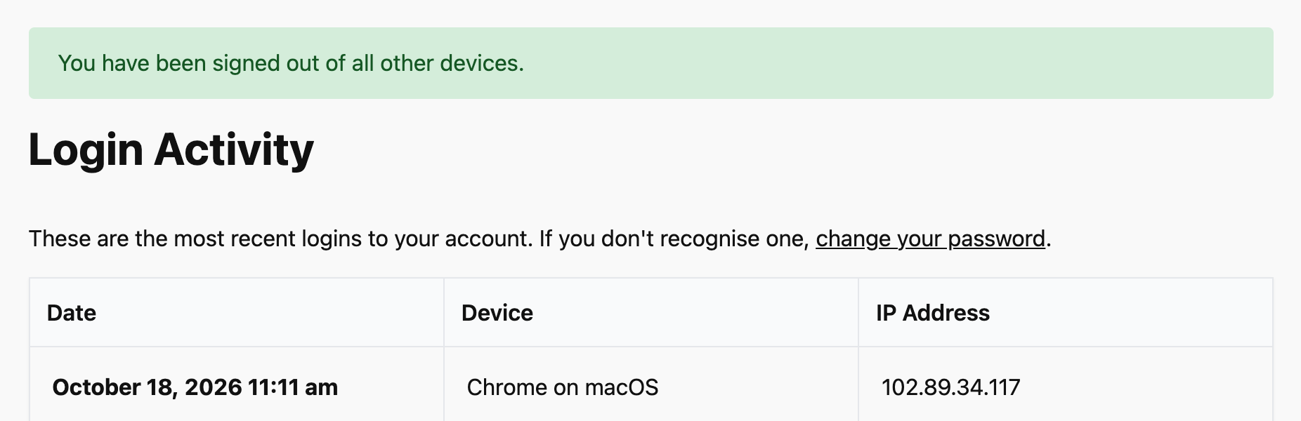 Confirmation message: You have been signed out of all other devices