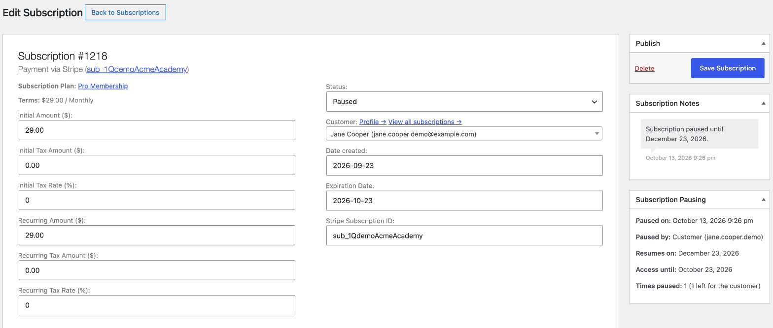 Paused subscription in the WordPress admin with its pause details