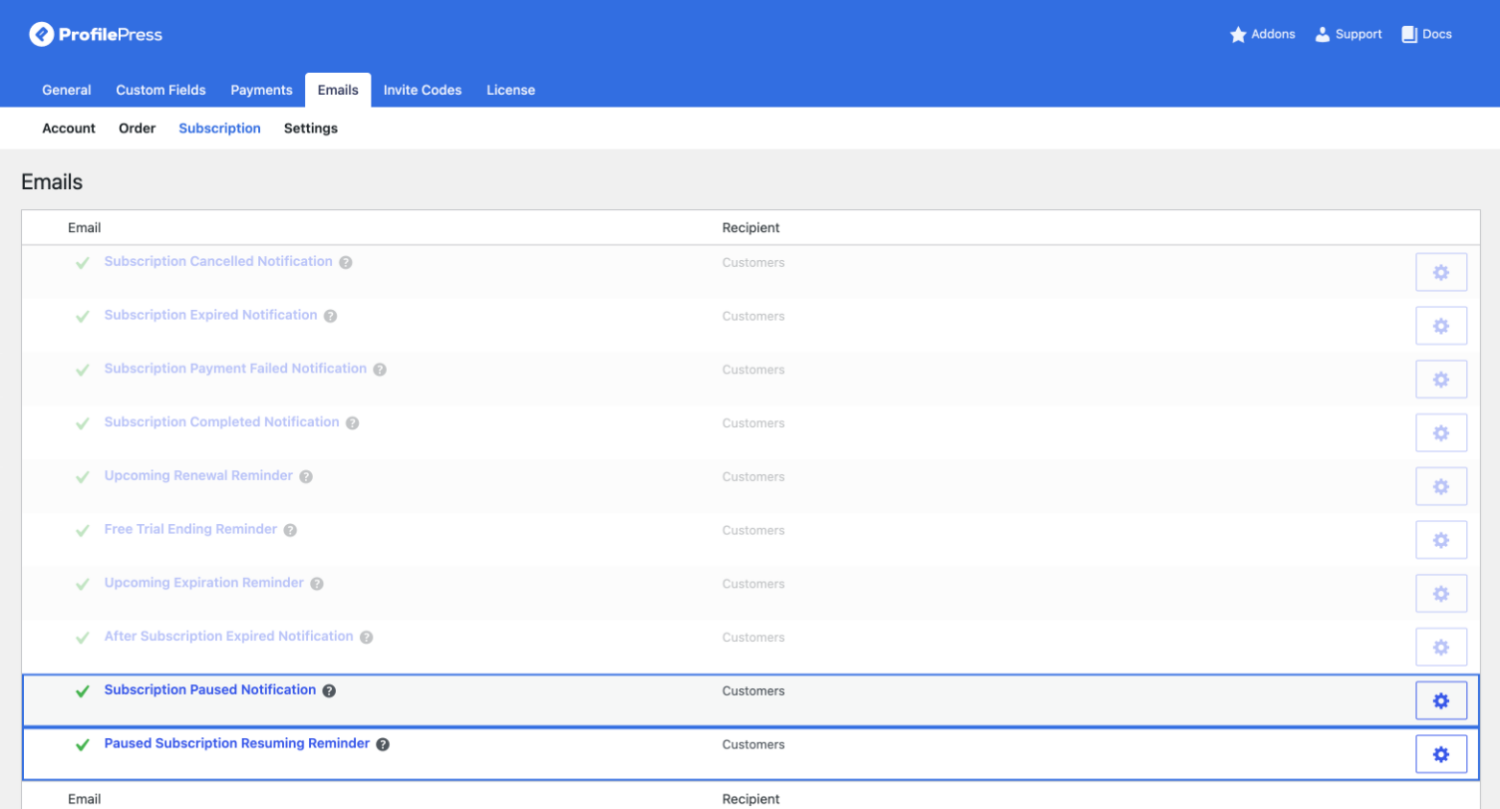 Subscription pausing emails in ProfilePress email settings