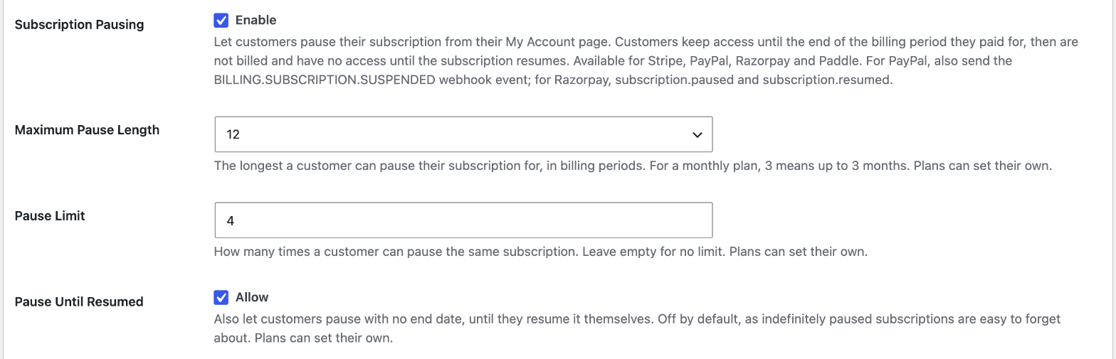 Subscription Pausing settings in ProfilePress payment settings