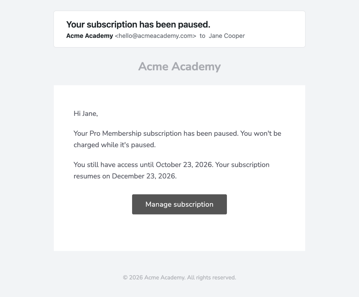Email sent to a member when their subscription is paused