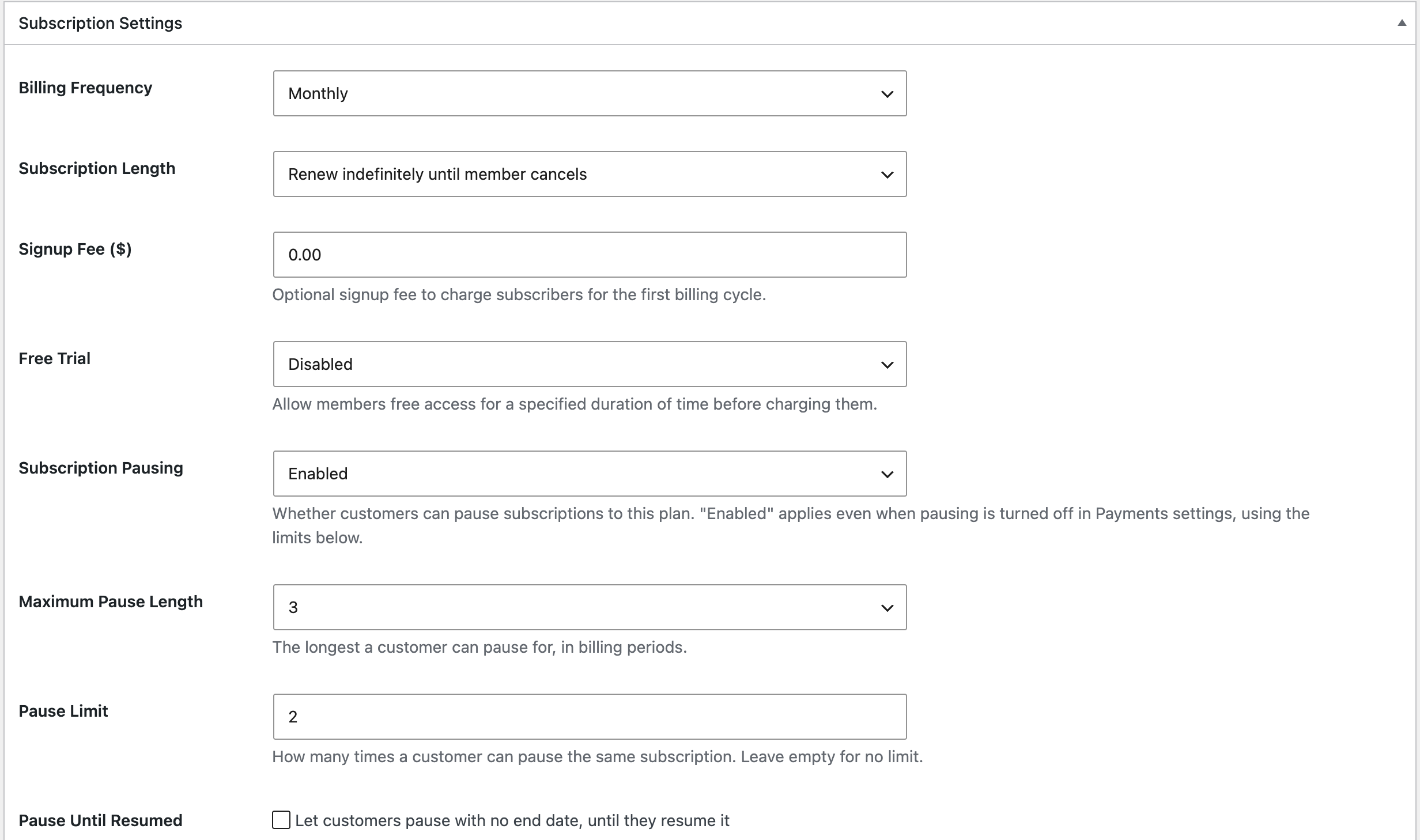 Per-plan subscription pausing settings in the ProfilePress membership plan editor