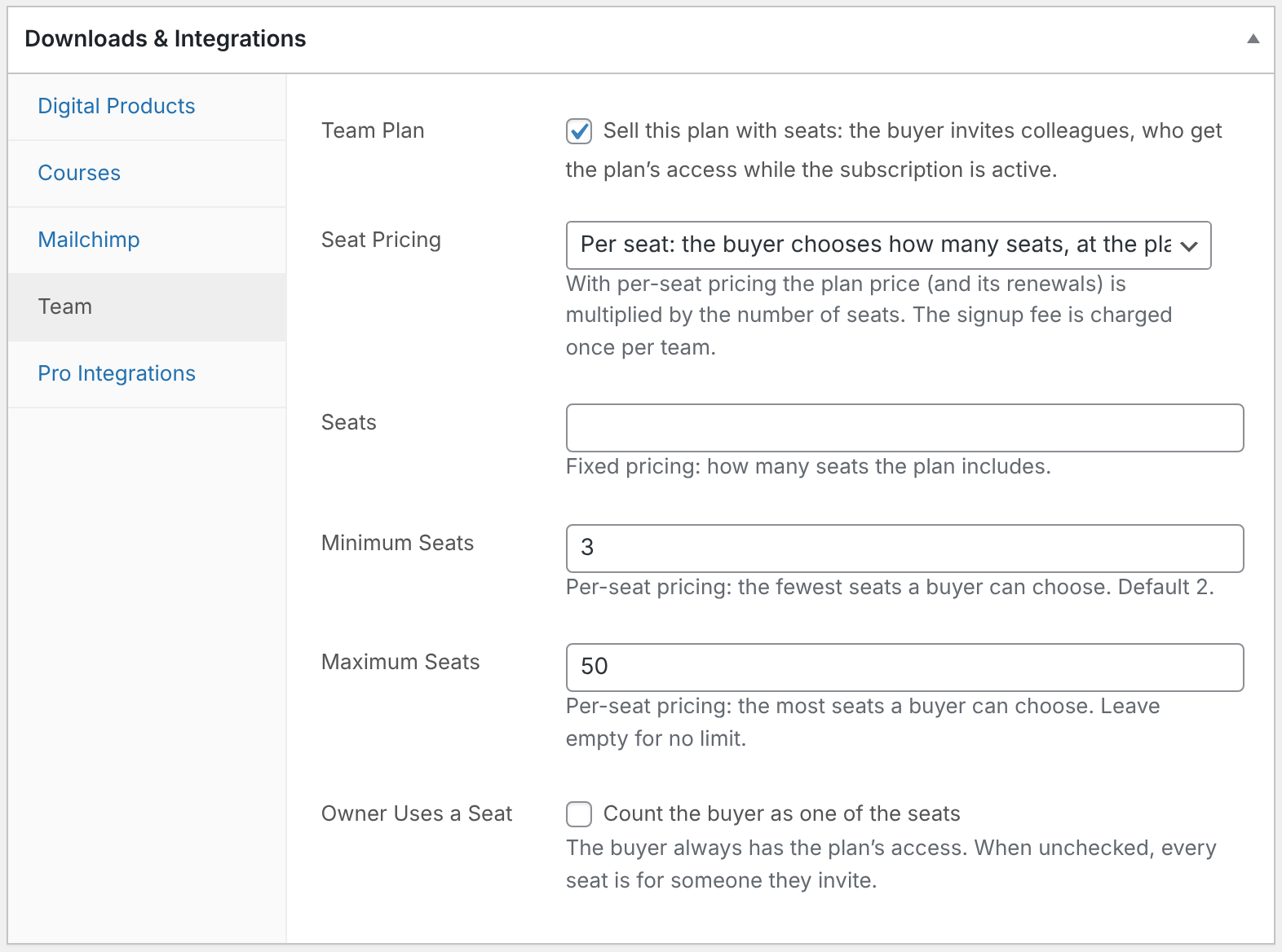 The Team tab in the plan's Downloads & Integrations box, with Team Plan checked and per-seat pricing selected