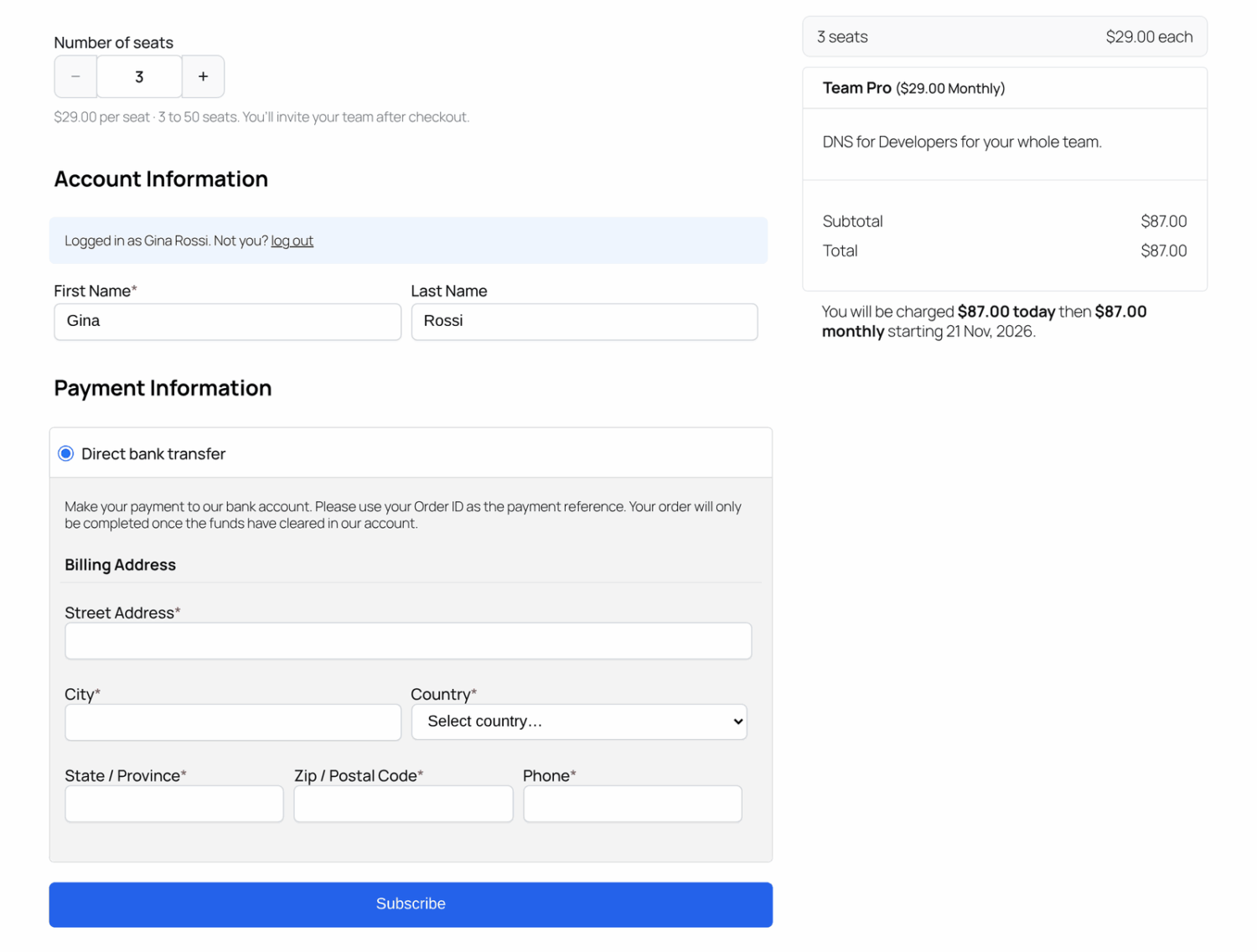 The checkout page with the Number of seats picker and the order summary