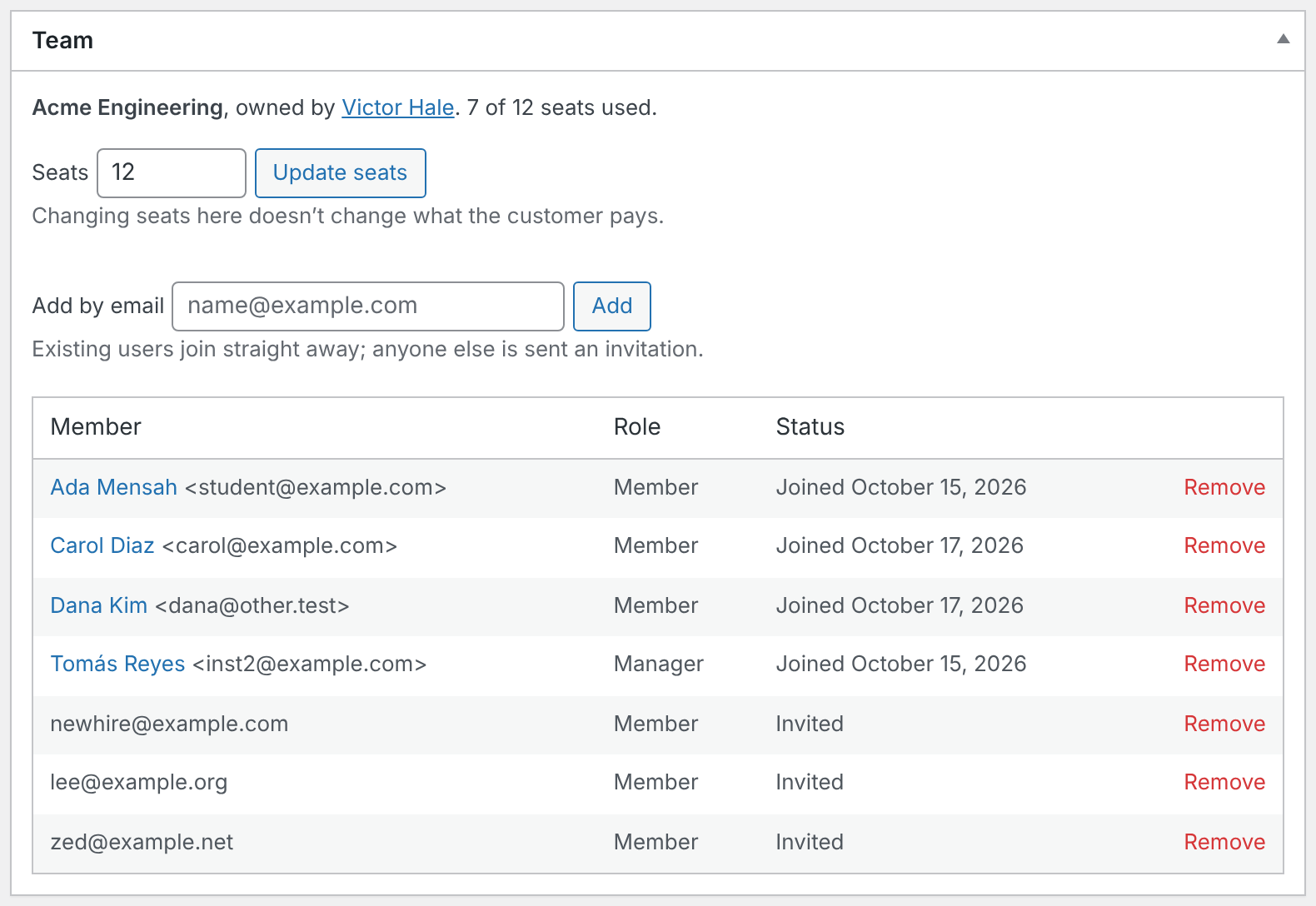 The Team box on a subscription screen with the Seats and Add by email fields and the members table