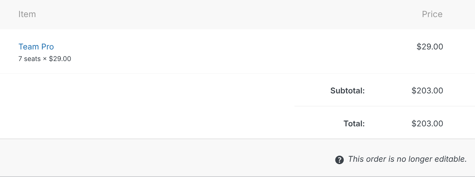 An order's item showing Team Pro with 7 seats × $29.00 under it, and a subtotal of $203.00