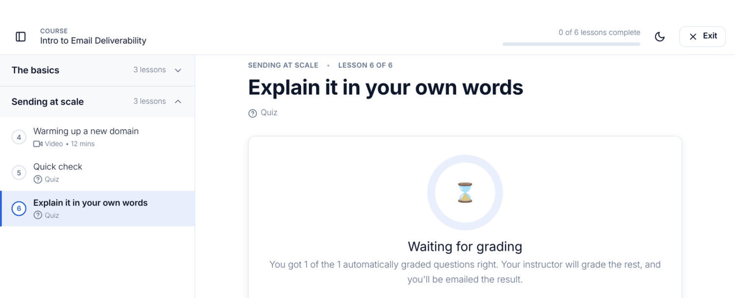 The Waiting for grading message after submitting a quiz