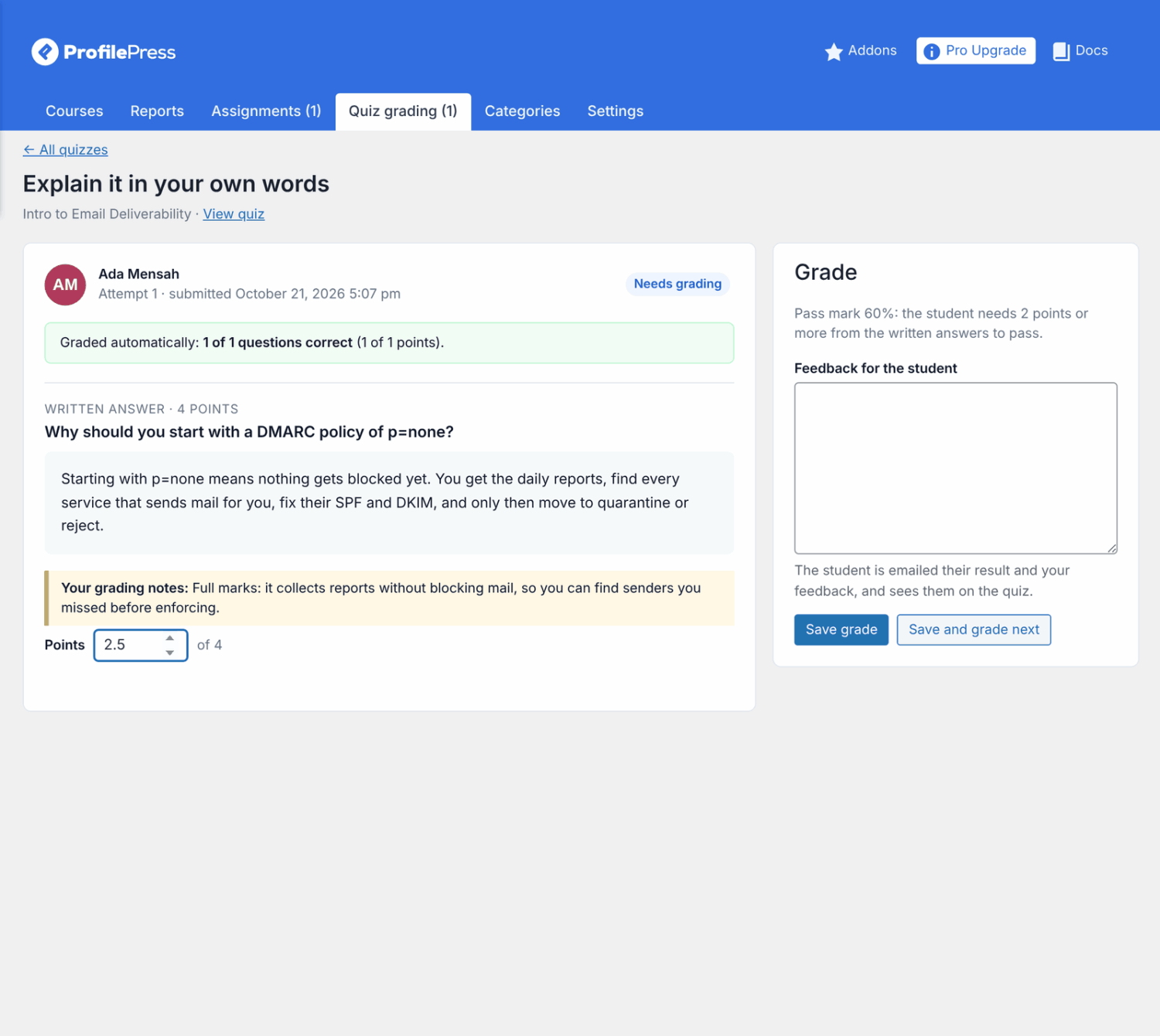 The Quiz grading screen with points boxes and the pass mark note
